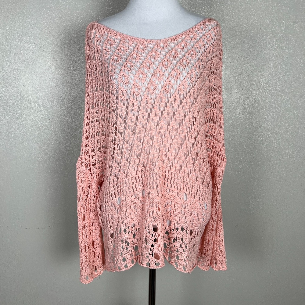 Coco Carmen Crochet Sweater OS Pink Open Knit Pullover Oversized‎ Beachy Relaxed